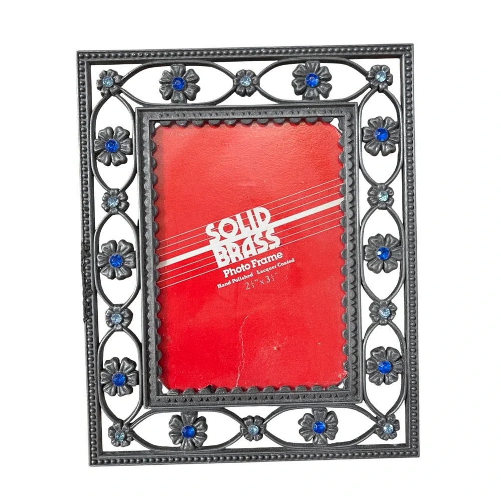 Vtg Ornate Silver Tone Mini portrait Frame Floral blue 2.5x3.5 granny cottage